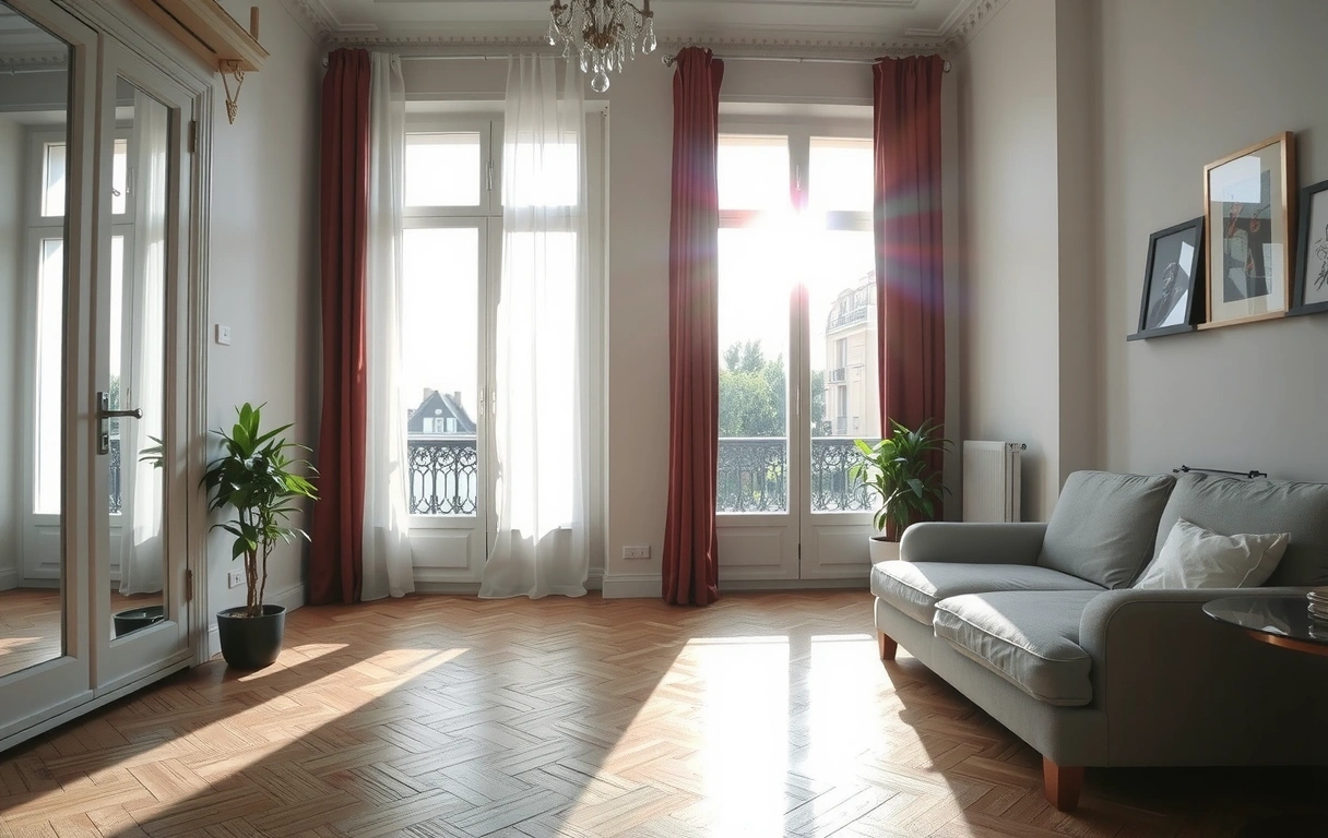 Intérieur d'appartement parisien nettoyé avec lumière du matin